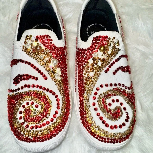Hand-Embellished Ruby & Gold Rhinestone Sneakers Custom Wearable Art Statement - Picture 4 of 9